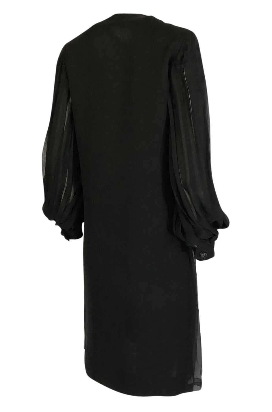 1960s Galanos Domed Rhinestone Button Silk Chiffon Pleat Dress