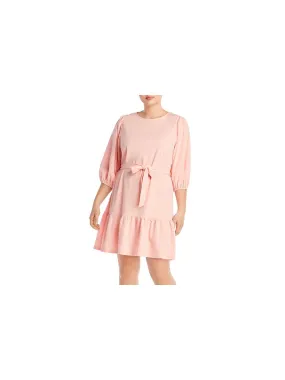 AQUA Womens Belted Pouf Sleeve Jewel Neck Above The Knee Cocktail Shift Dress
