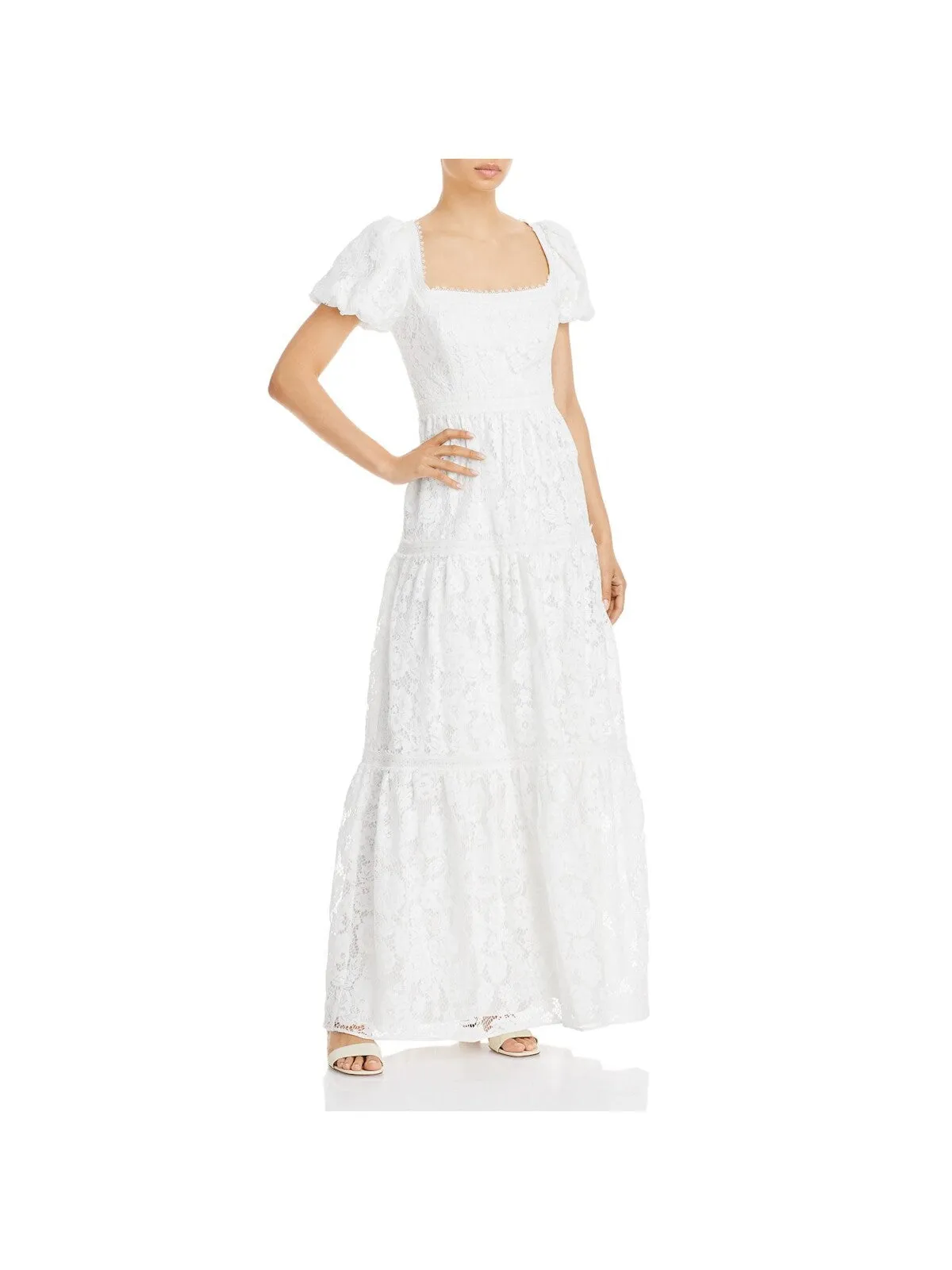 AQUA Womens White Zippered Tiered Lined Pouf Sleeve Square Neck Maxi Evening Sheath Dress