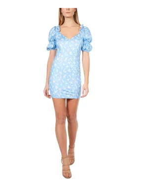 BEBE Womens Light Blue Zippered Ruffled Elastic Cuffs Floral Pouf Sleeve Sweetheart Neckline Short Party Body Con Dress