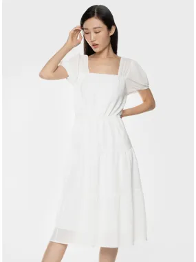 BLACK TAPE Womens White Textured Sheer Lined Pullover Tie Pouf Sleeve Square Neck Midi A-Line Dress