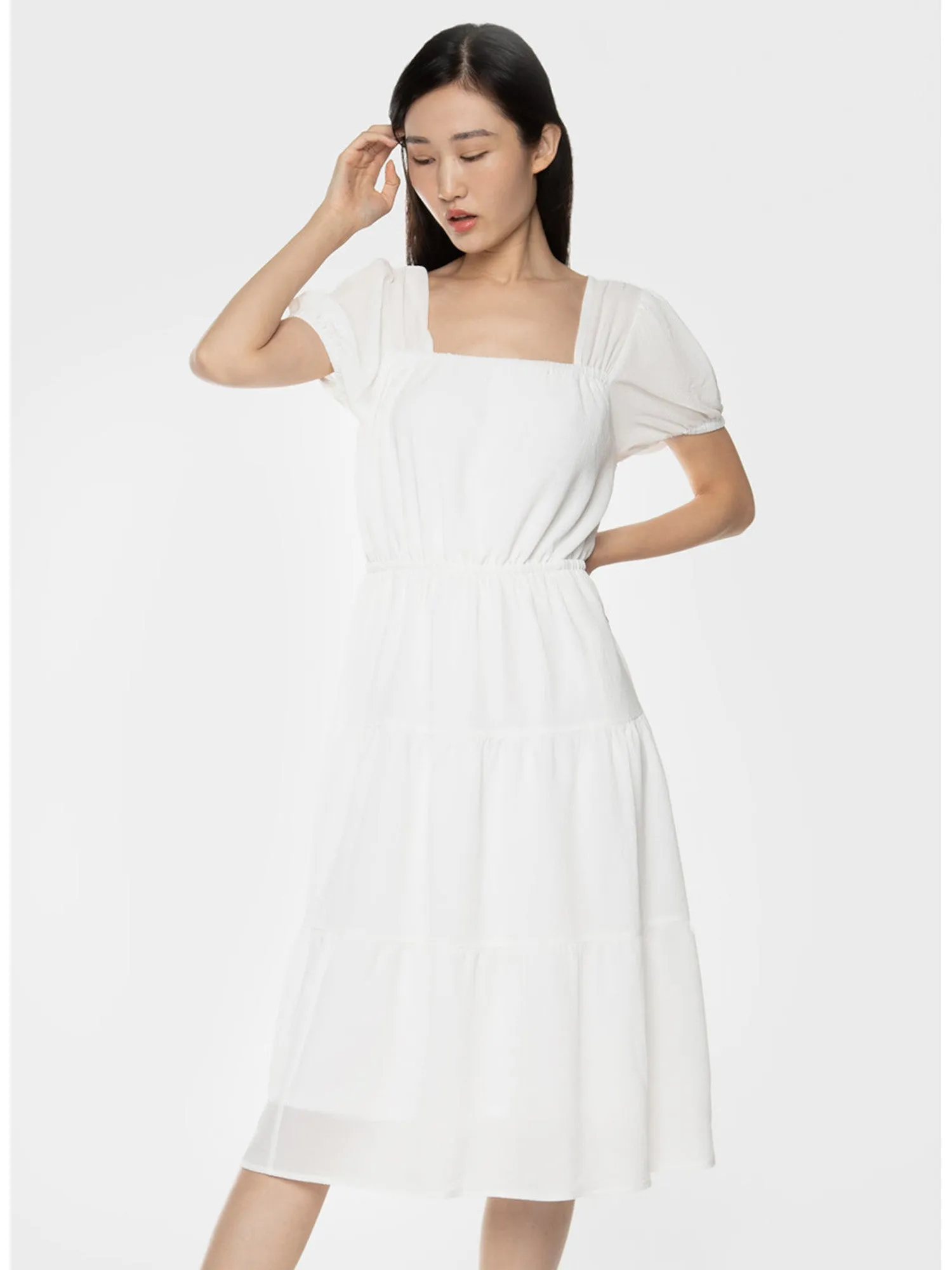 BLACK TAPE Womens White Textured Sheer Lined Pullover Tie Pouf Sleeve Square Neck Midi A-Line Dress