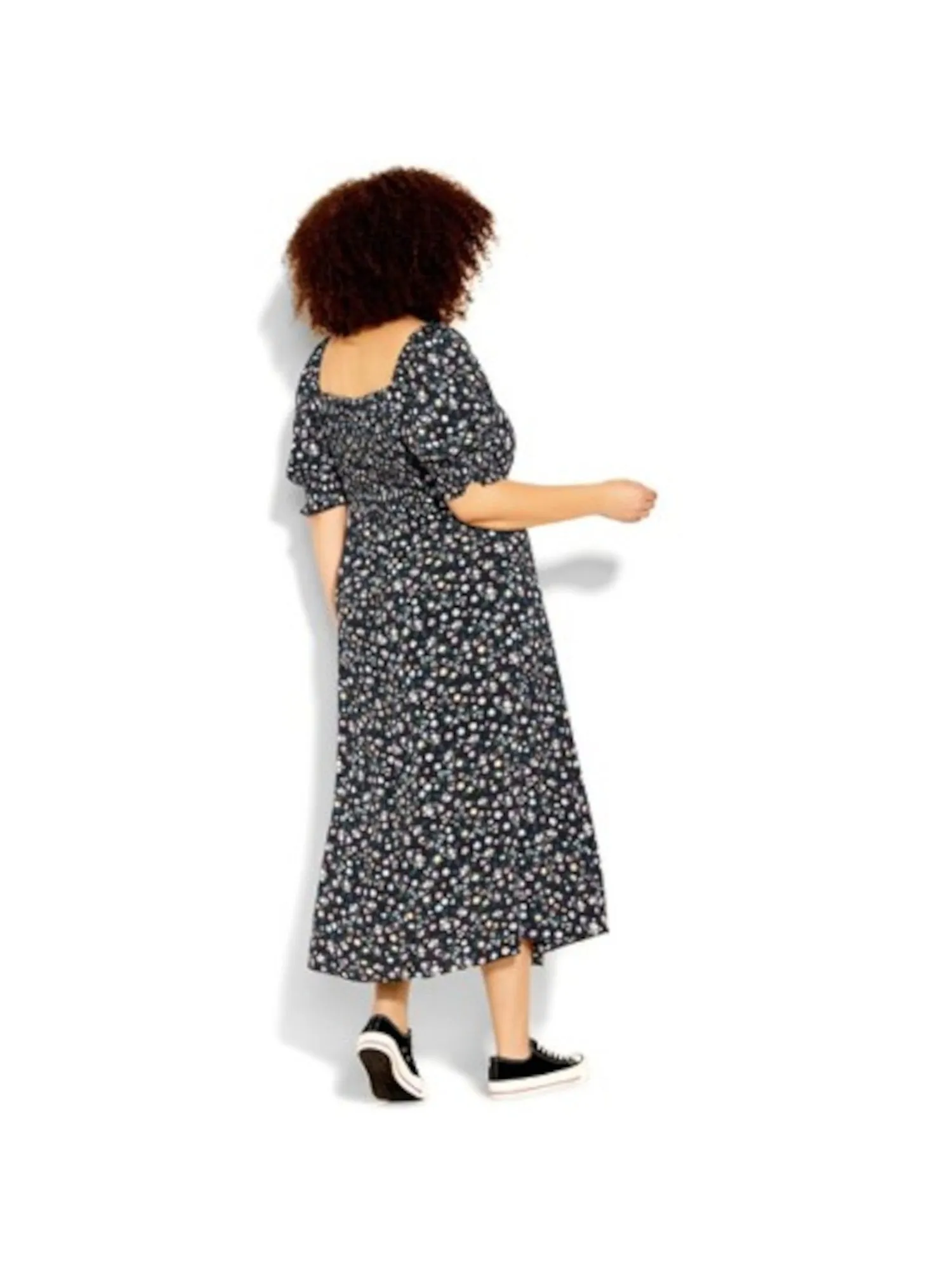 CCX Womens Black Smocked Pocketed Drawstring Front Square Back Floral Pouf Sleeve Square Neck Maxi Fit   Flare Dress