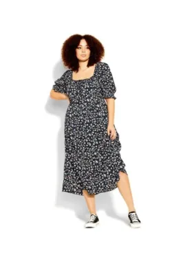 CCX Womens Black Smocked Pocketed Drawstring Front Square Back Floral Pouf Sleeve Square Neck Maxi Fit   Flare Dress