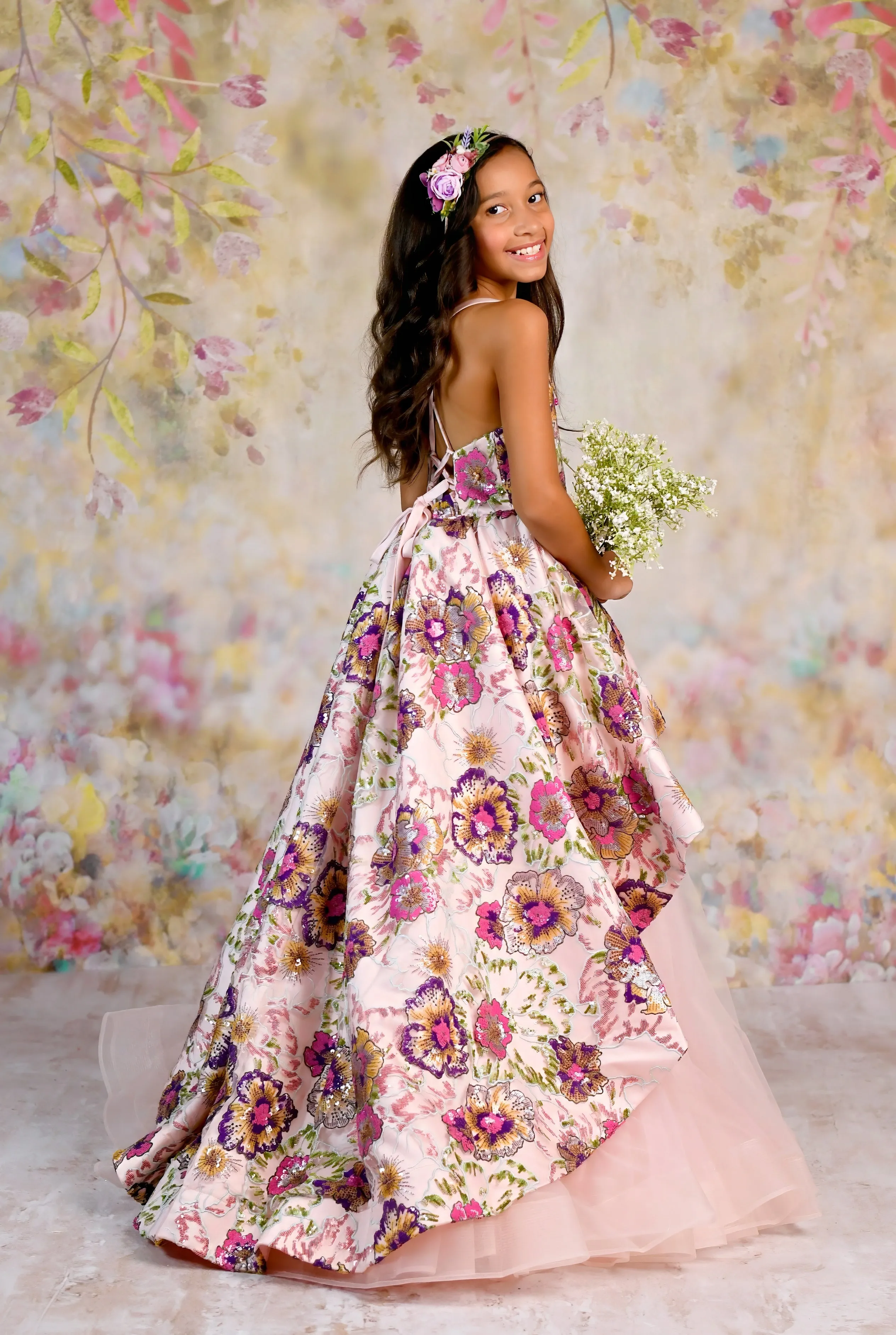 New, Couture Rental Gown "Colorful Sunset"  -  High Low Length Dress ( 8 Year - Petite 9 Year)