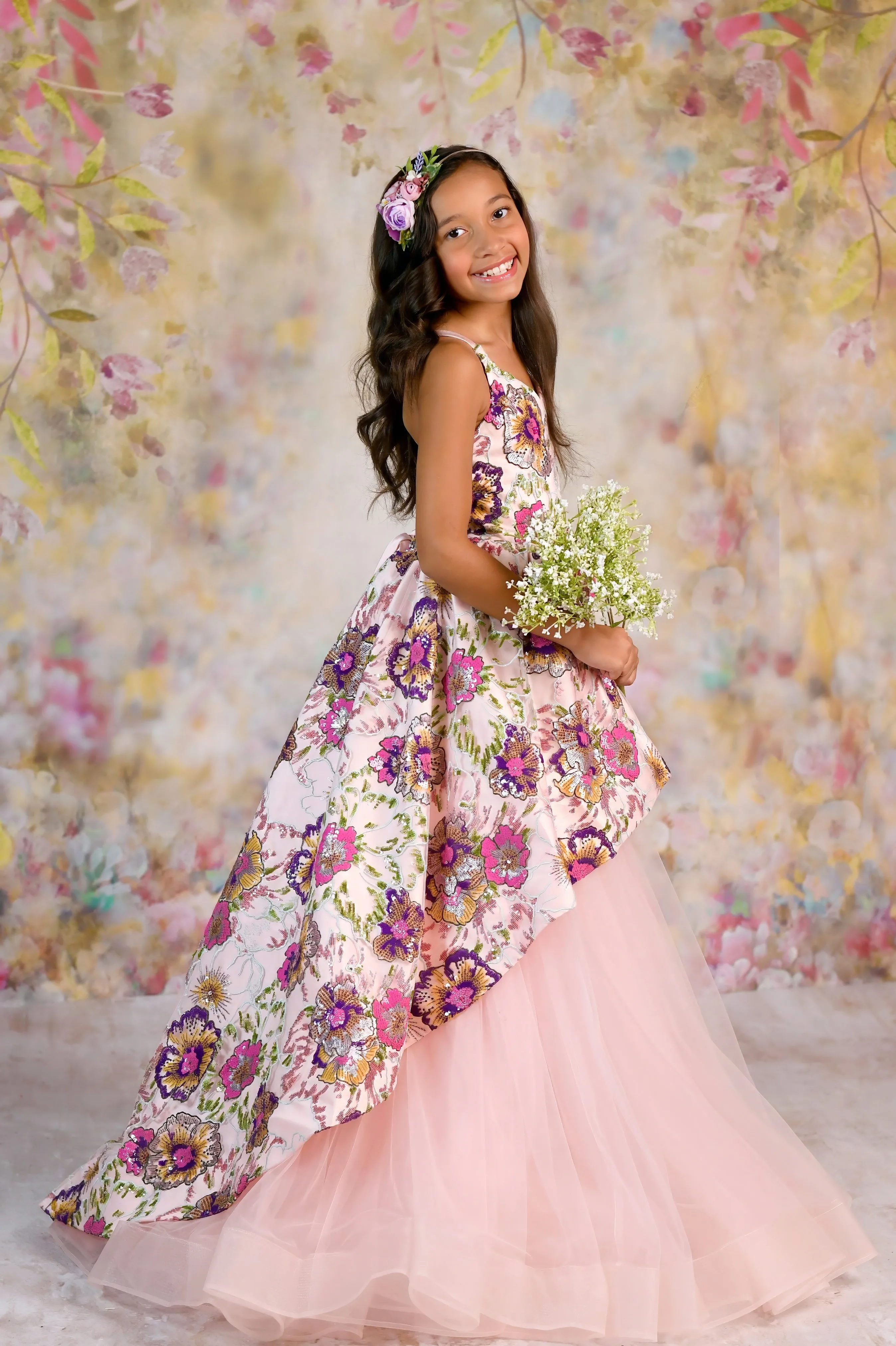 New, Couture Rental Gown "Colorful Sunset"  -  High Low Length Dress ( 8 Year - Petite 9 Year)