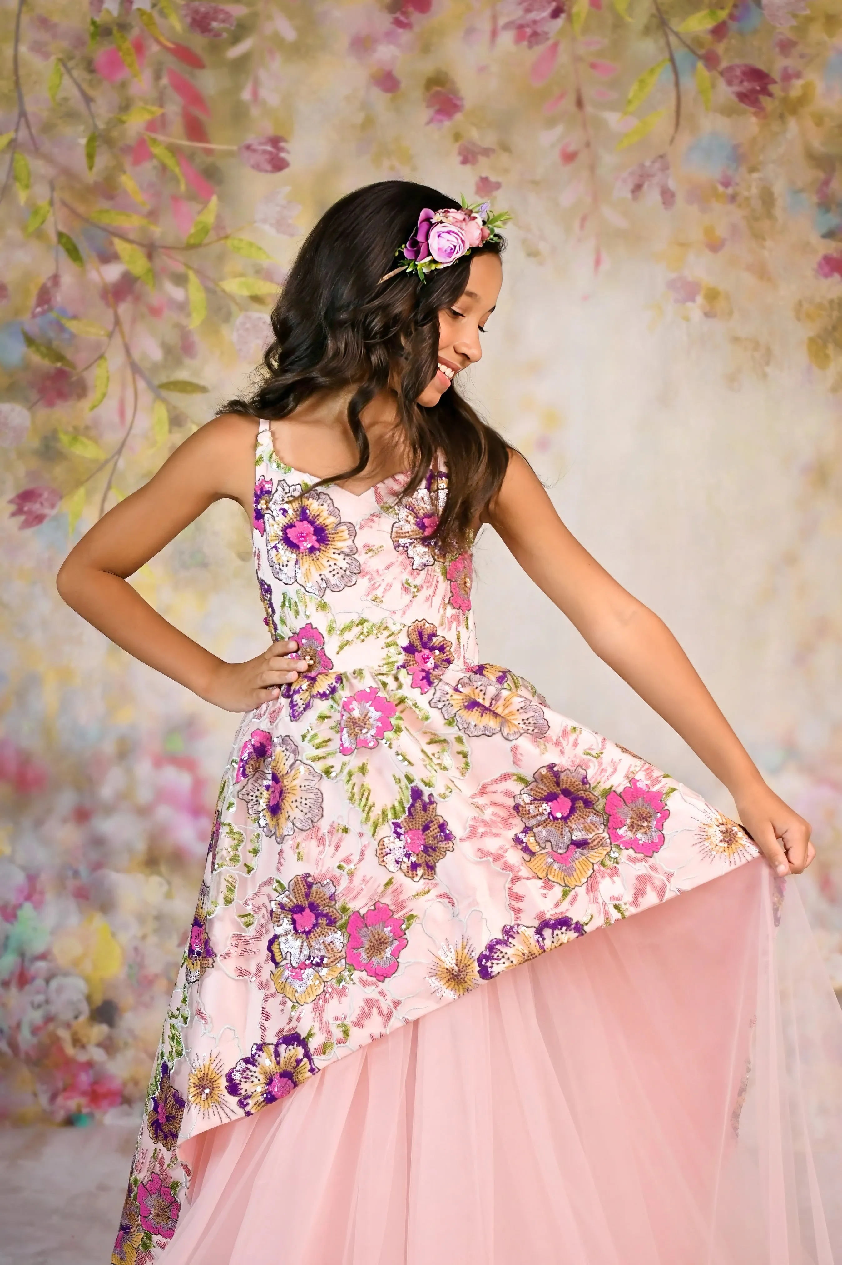 New, Couture Rental Gown "Colorful Sunset"  -  High Low Length Dress ( 8 Year - Petite 9 Year)