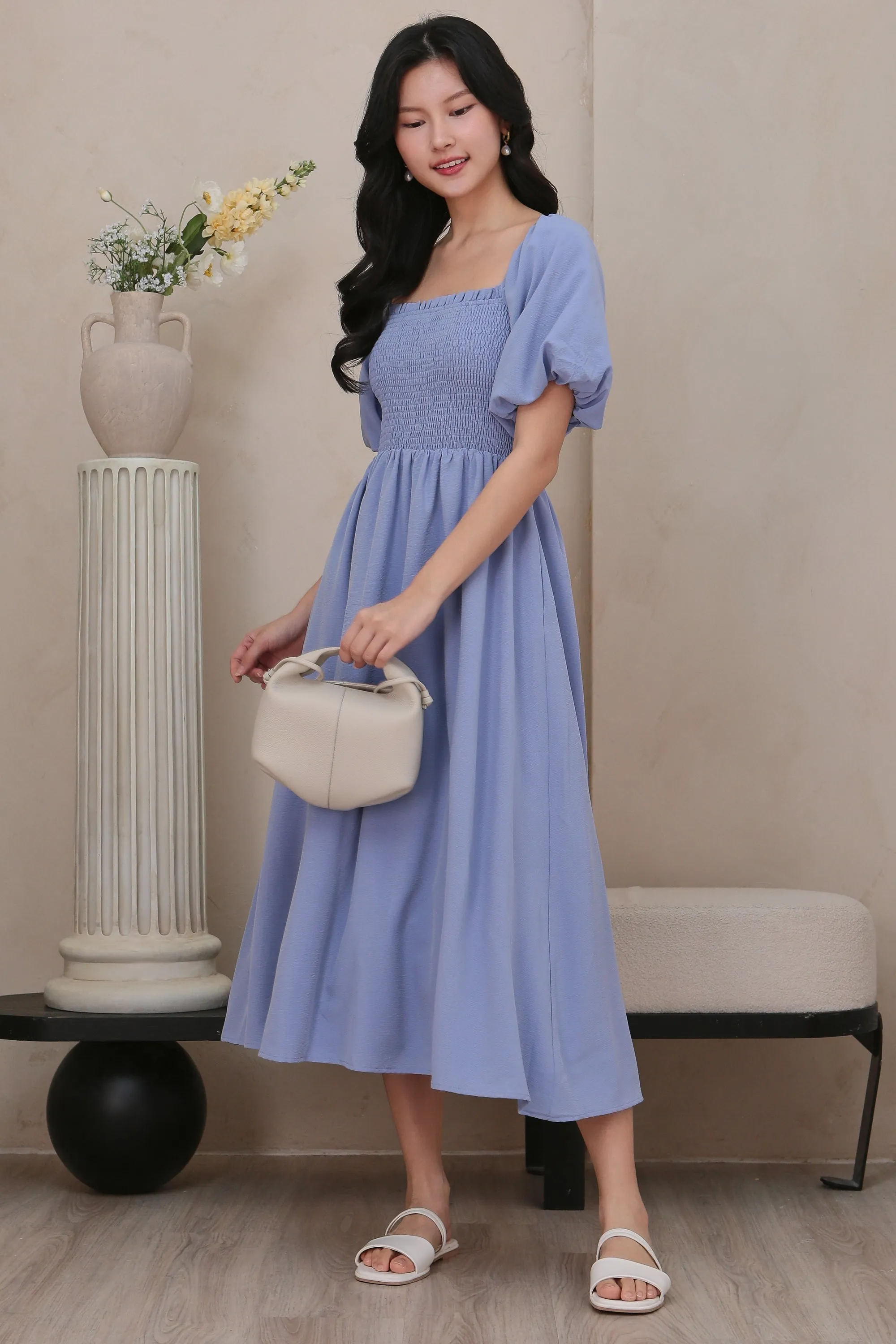 Pouf Sleeves Smocked Dress in Periwinkle Blue