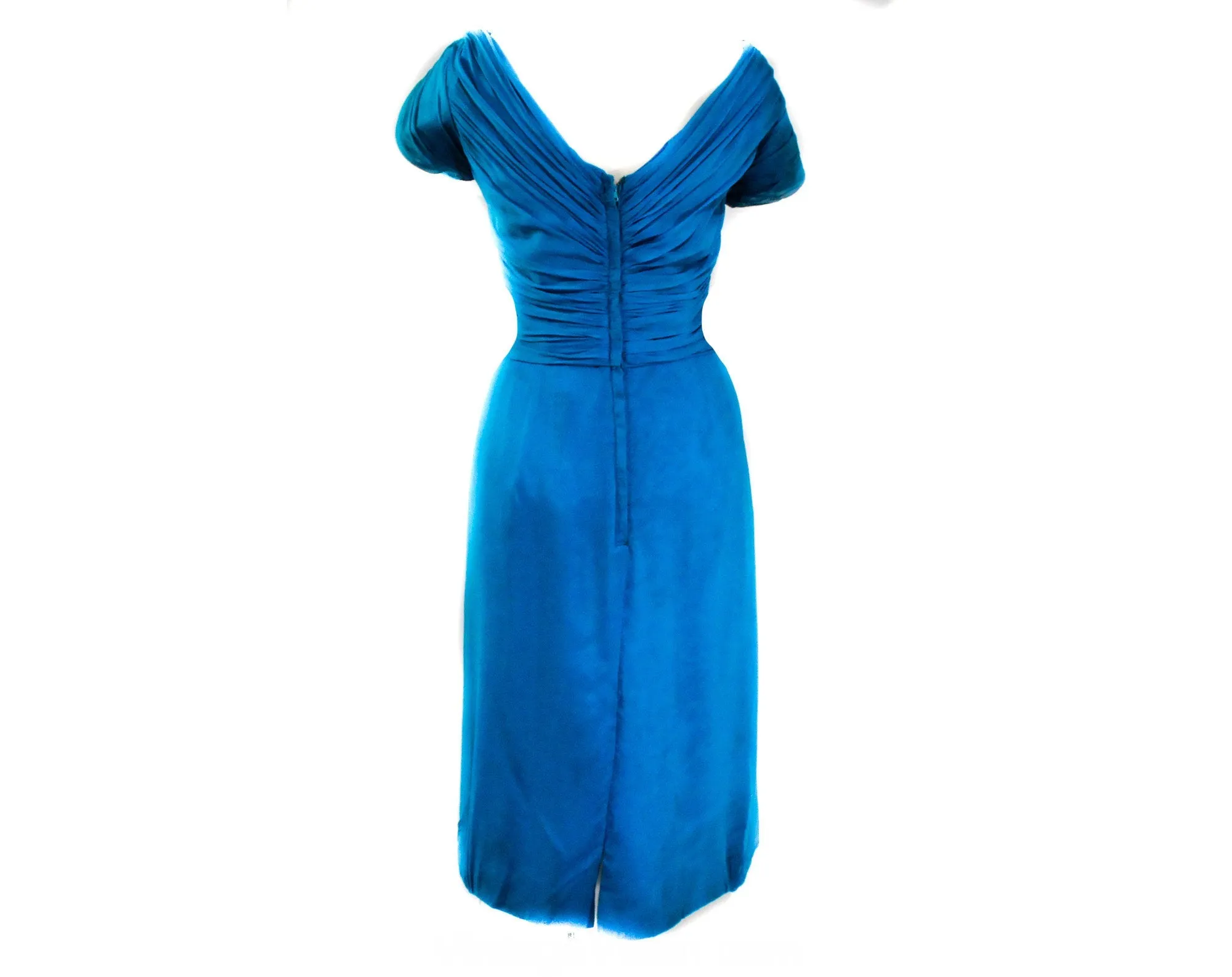 Size 12 1950s Cocktail Dress - Cobalt Blue Chiffon with Goddess Style Gathers & Draping - Large Size 50s Marilyn Bombshell - Waist 30