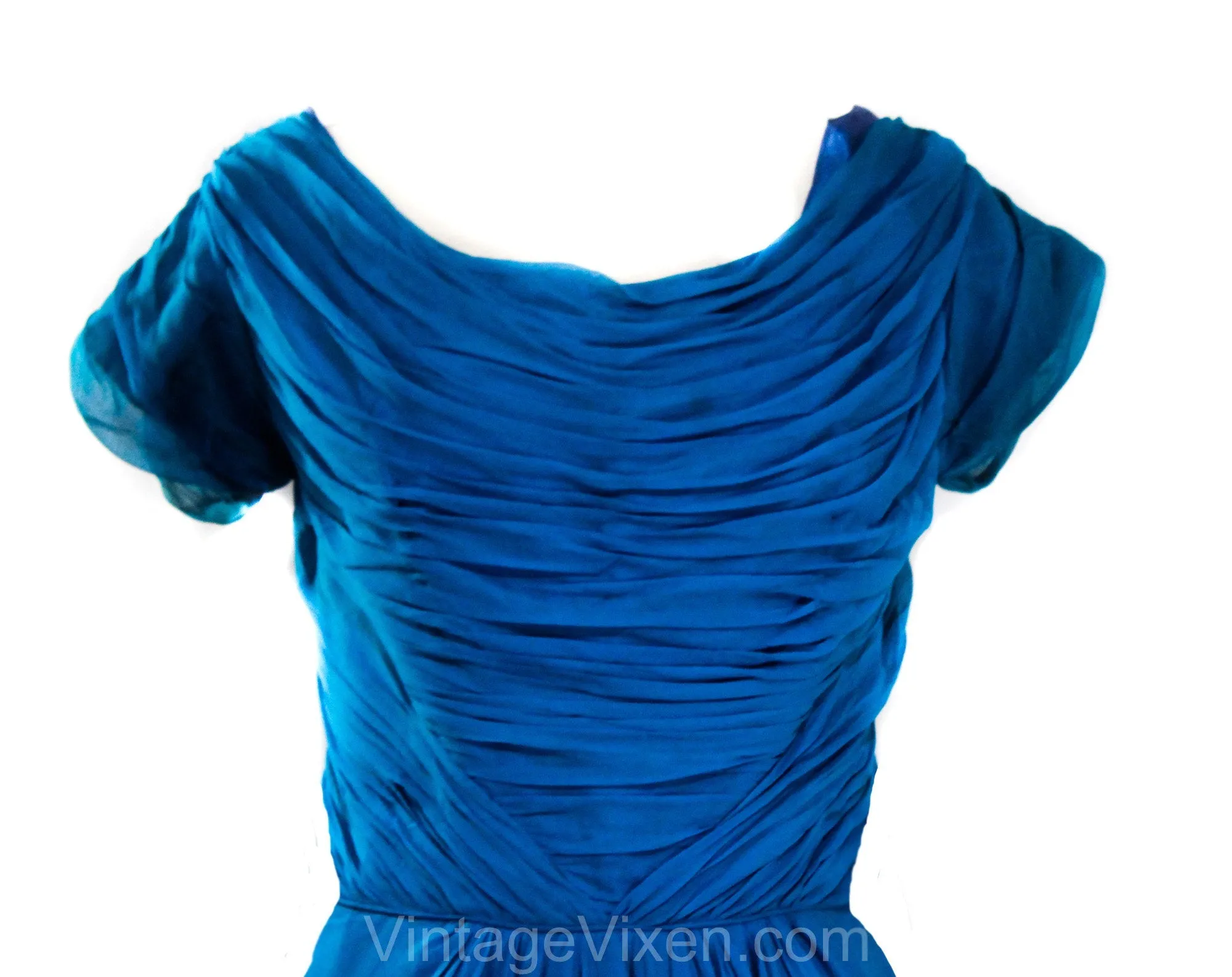 Size 12 1950s Cocktail Dress - Cobalt Blue Chiffon with Goddess Style Gathers & Draping - Large Size 50s Marilyn Bombshell - Waist 30