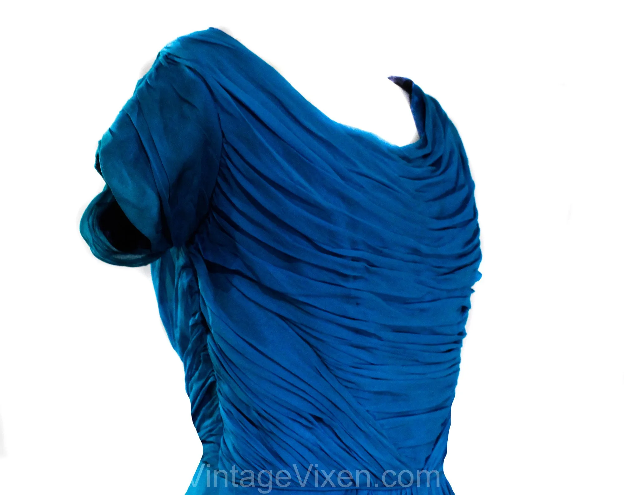 Size 12 1950s Cocktail Dress - Cobalt Blue Chiffon with Goddess Style Gathers & Draping - Large Size 50s Marilyn Bombshell - Waist 30