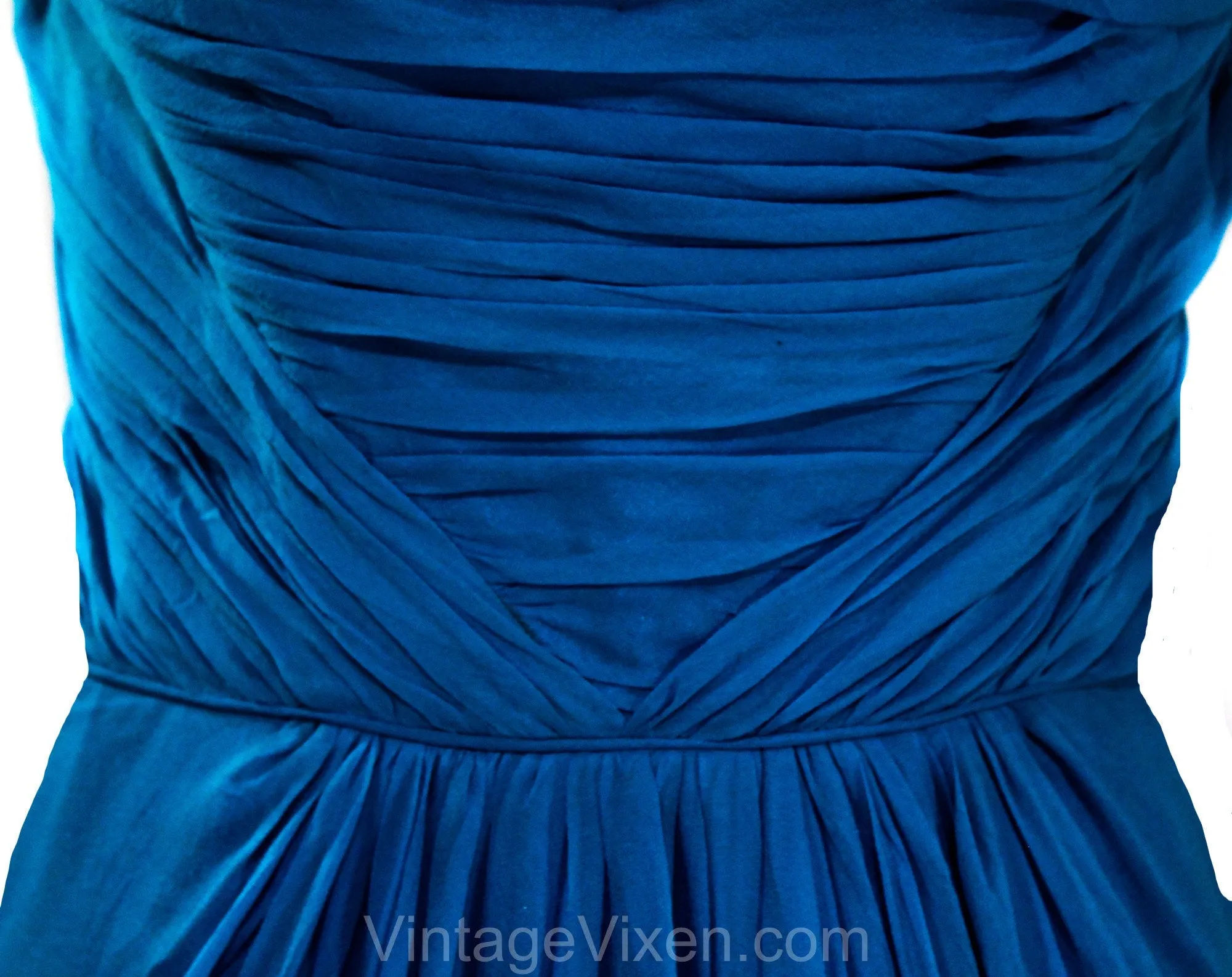 Size 12 1950s Cocktail Dress - Cobalt Blue Chiffon with Goddess Style Gathers & Draping - Large Size 50s Marilyn Bombshell - Waist 30