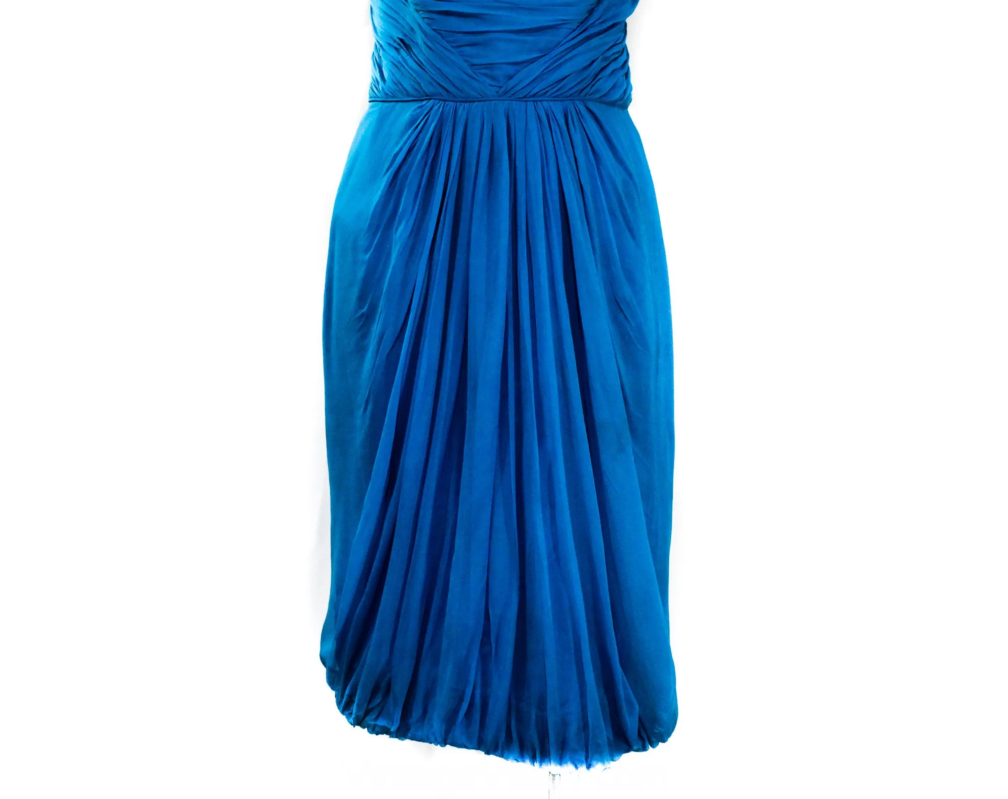 Size 12 1950s Cocktail Dress - Cobalt Blue Chiffon with Goddess Style Gathers & Draping - Large Size 50s Marilyn Bombshell - Waist 30