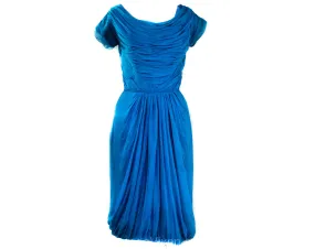 Size 12 1950s Cocktail Dress - Cobalt Blue Chiffon with Goddess Style Gathers & Draping - Large Size 50s Marilyn Bombshell - Waist 30