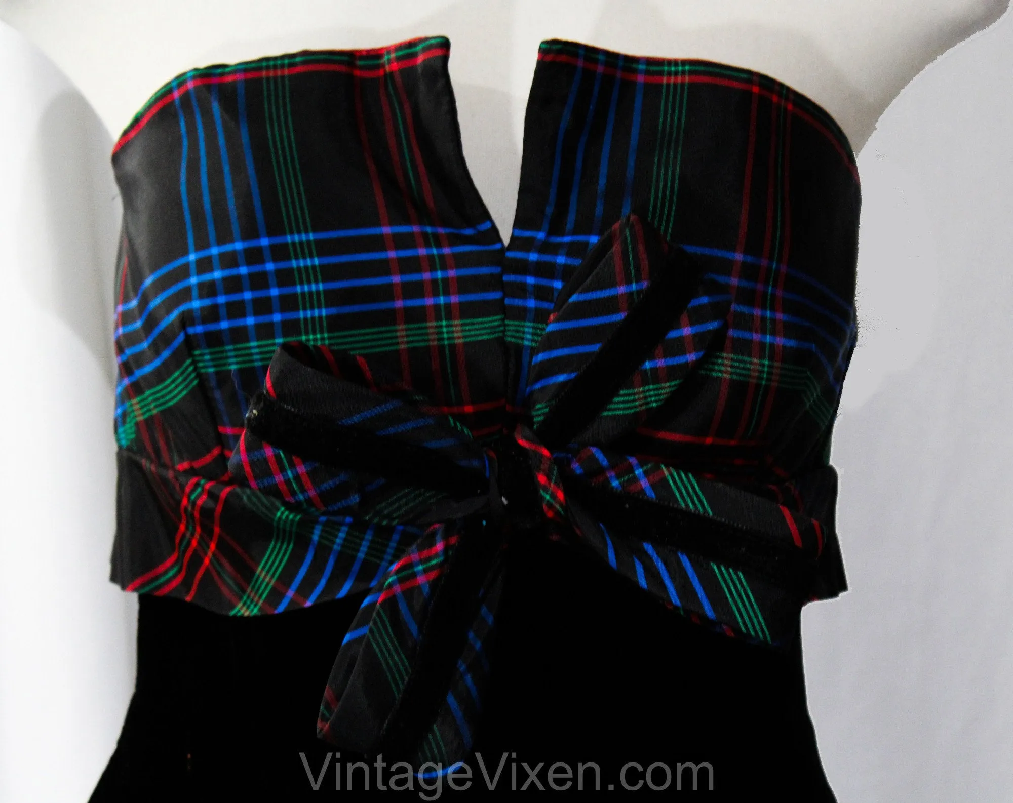 Size 4 Plaid Party Dress - 90s Strapless Velvet & Taffeta Cocktail with Bow - Designer Victor Costa - Black Red Cobalt Blue Green - Bust 33