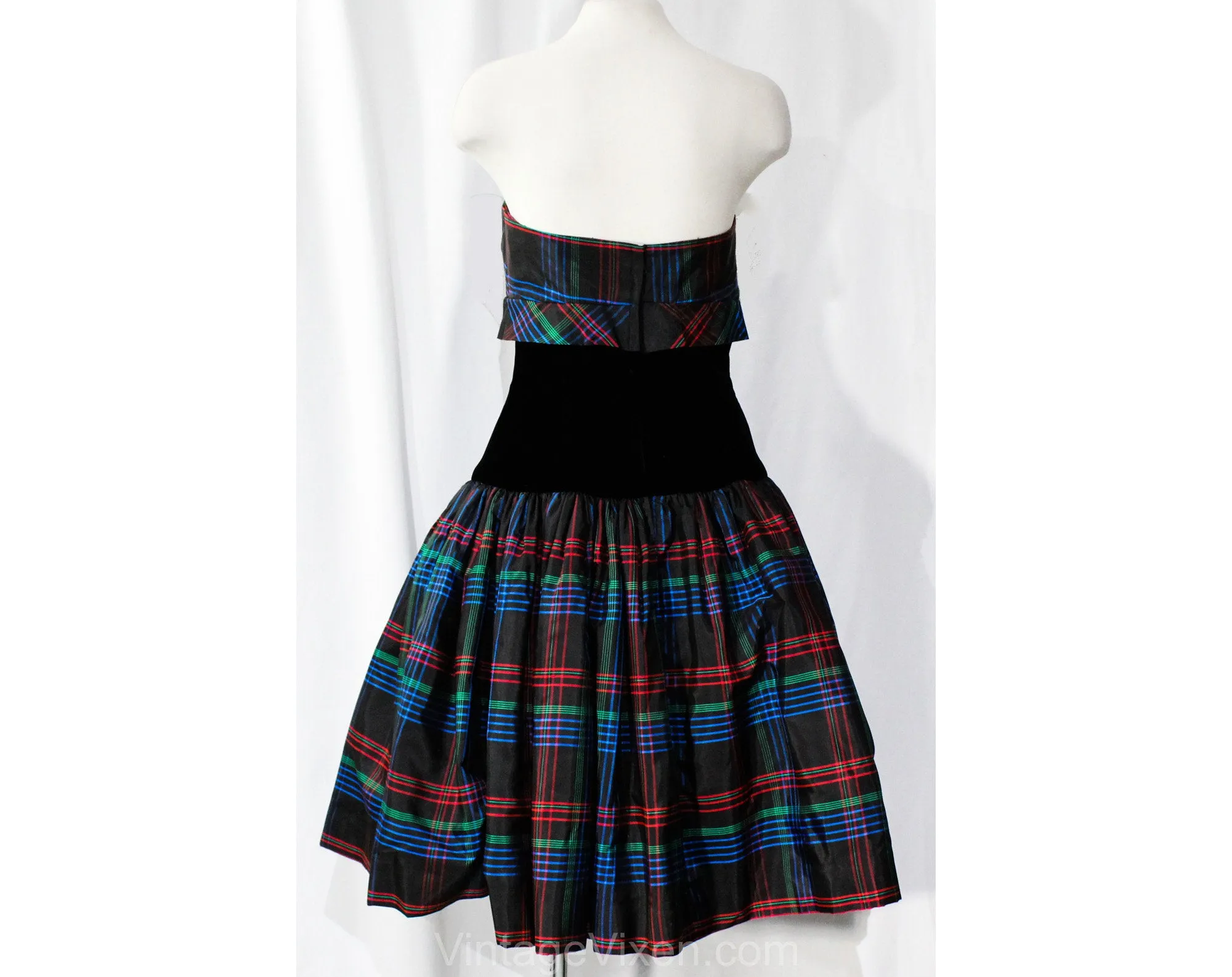 Size 4 Plaid Party Dress - 90s Strapless Velvet & Taffeta Cocktail with Bow - Designer Victor Costa - Black Red Cobalt Blue Green - Bust 33