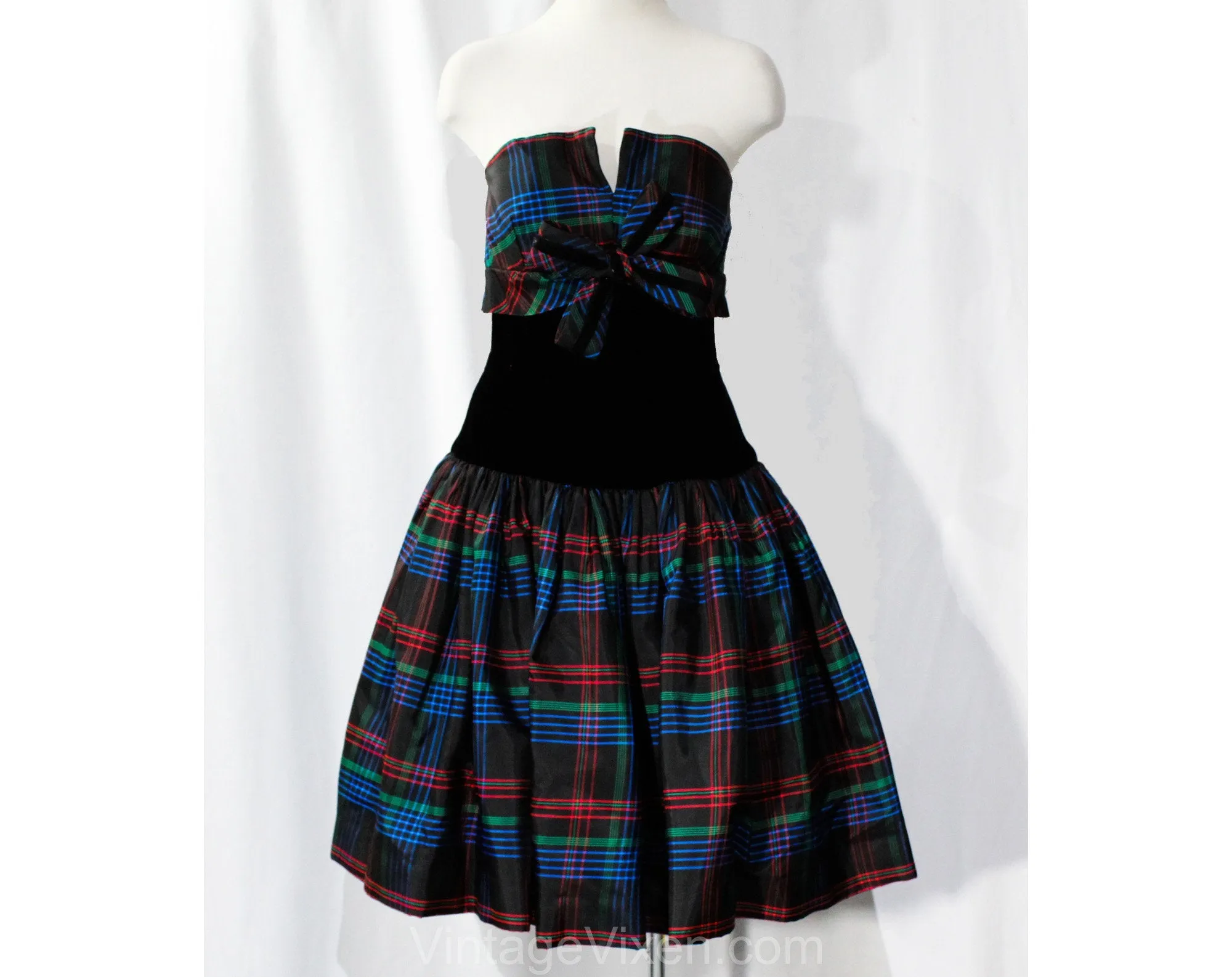 Size 4 Plaid Party Dress - 90s Strapless Velvet & Taffeta Cocktail with Bow - Designer Victor Costa - Black Red Cobalt Blue Green - Bust 33
