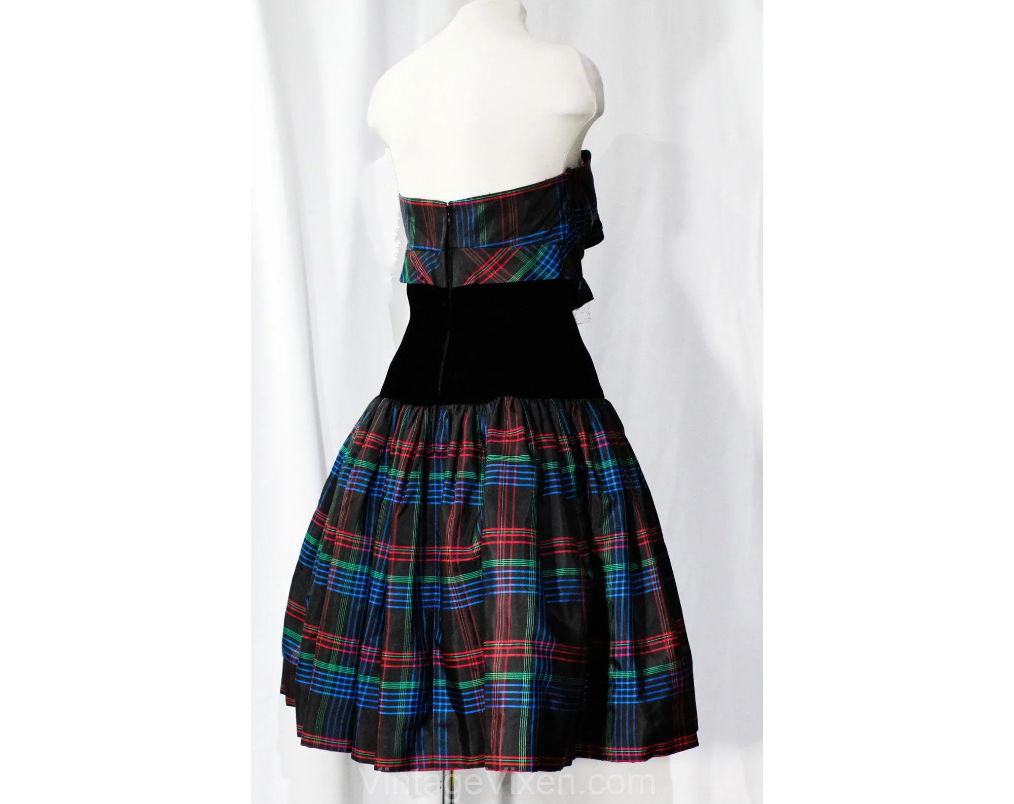 Size 4 Plaid Party Dress - 90s Strapless Velvet & Taffeta Cocktail with Bow - Designer Victor Costa - Black Red Cobalt Blue Green - Bust 33