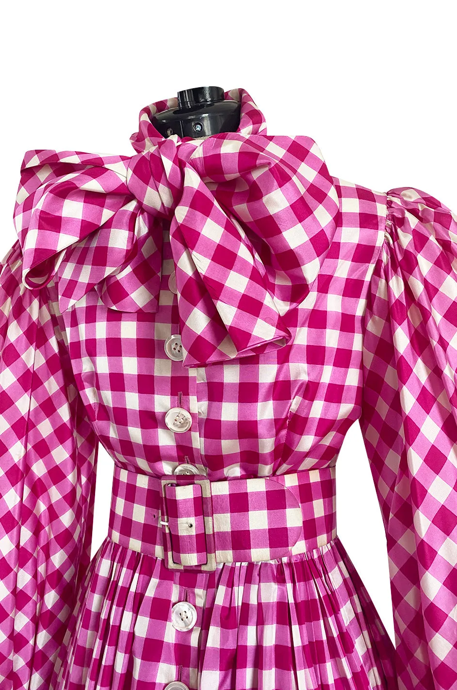 Spectacular Early 1960s Norman Norell Pink Gingham Silk Taffeta Dress w Bow & Pouf Sleeves