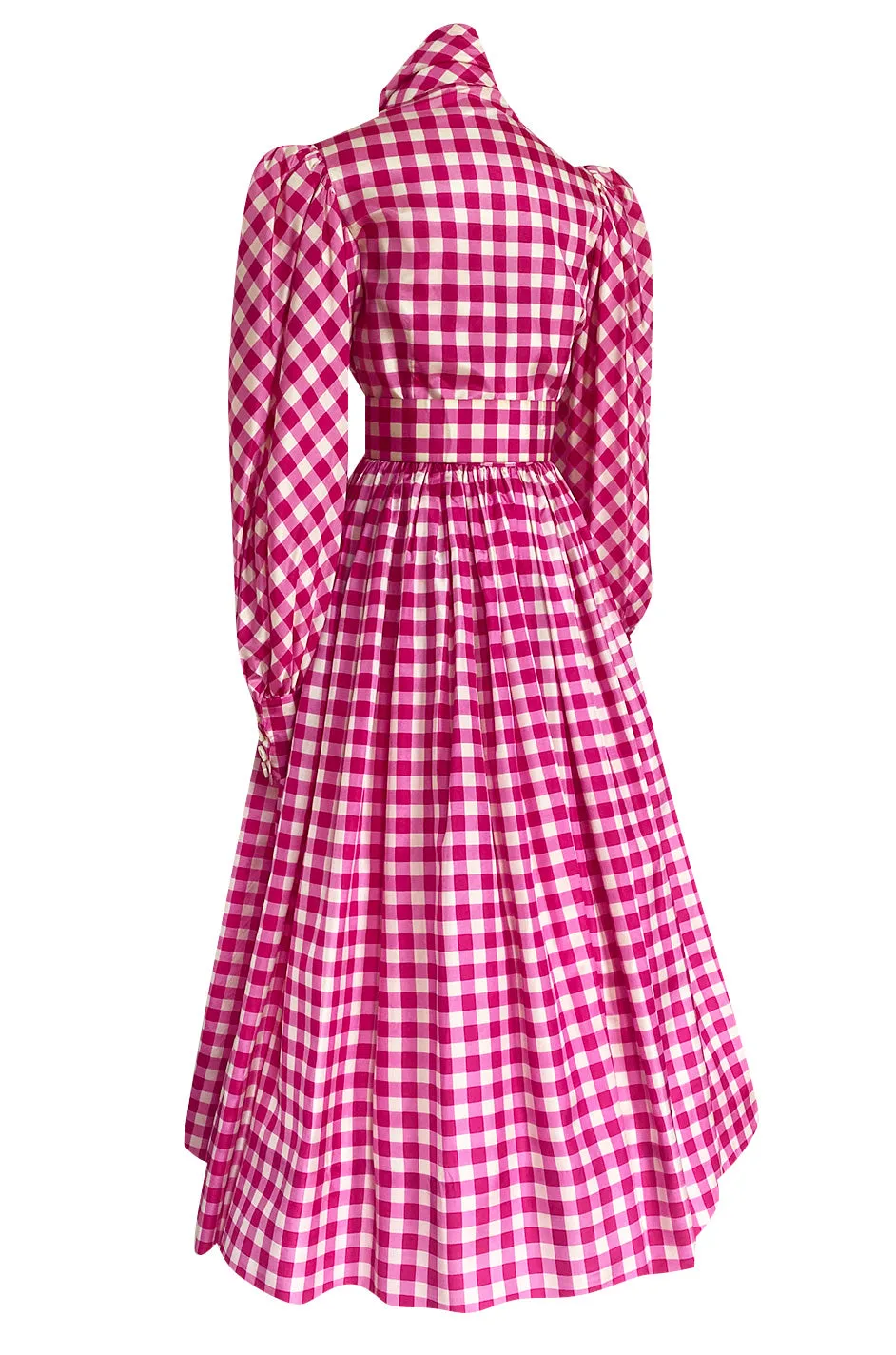 Spectacular Early 1960s Norman Norell Pink Gingham Silk Taffeta Dress w Bow & Pouf Sleeves