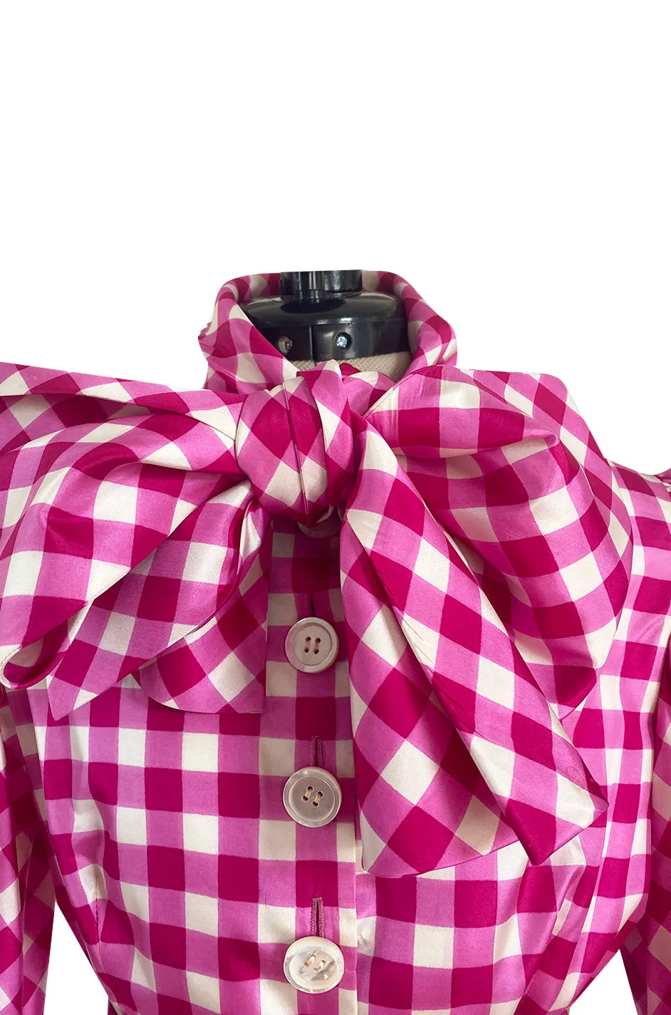 Spectacular Early 1960s Norman Norell Pink Gingham Silk Taffeta Dress w Bow & Pouf Sleeves