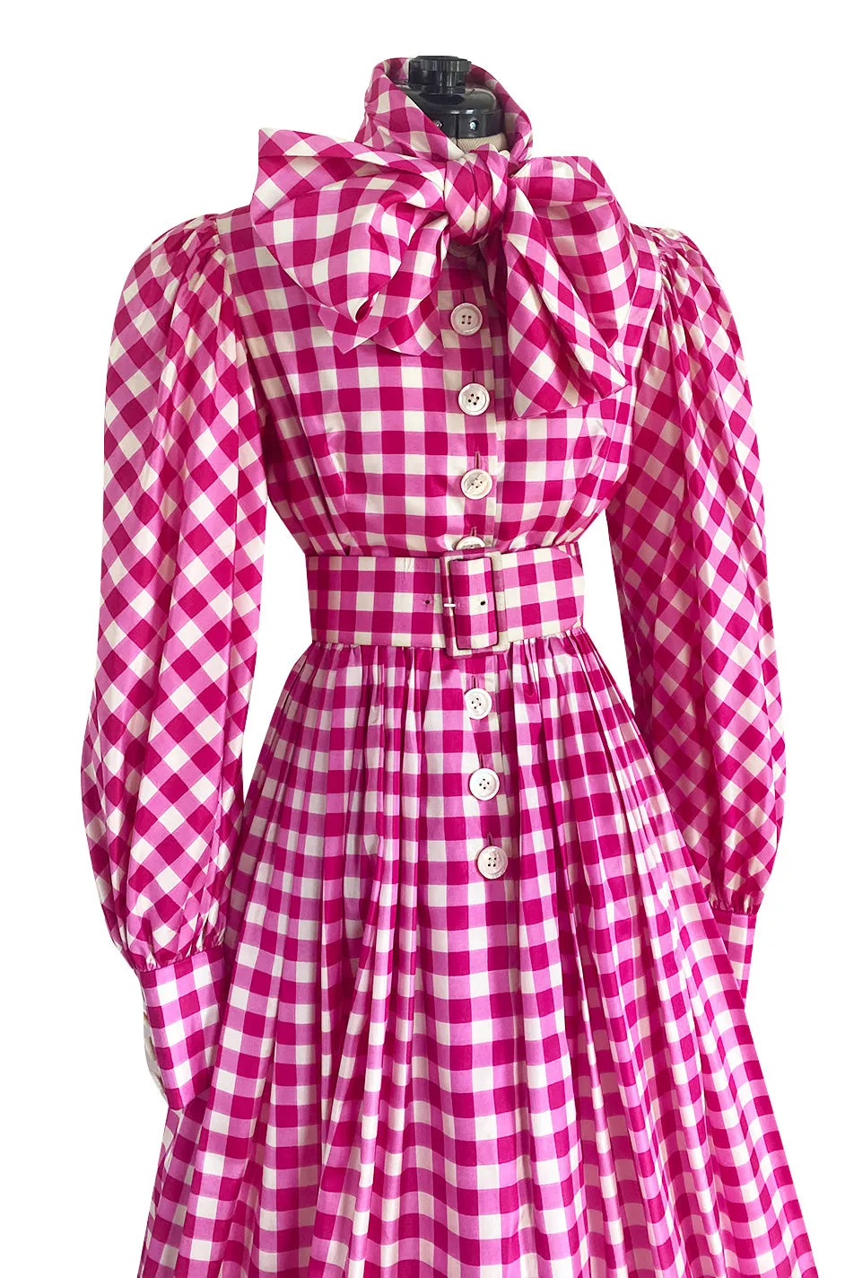 Spectacular Early 1960s Norman Norell Pink Gingham Silk Taffeta Dress w Bow & Pouf Sleeves
