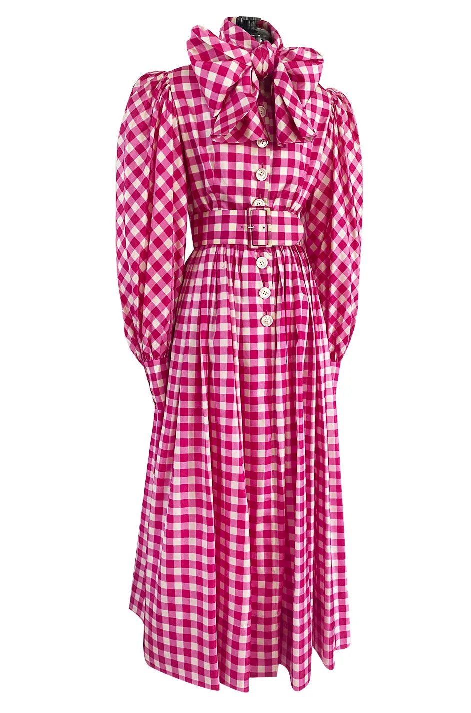 Spectacular Early 1960s Norman Norell Pink Gingham Silk Taffeta Dress w Bow & Pouf Sleeves
