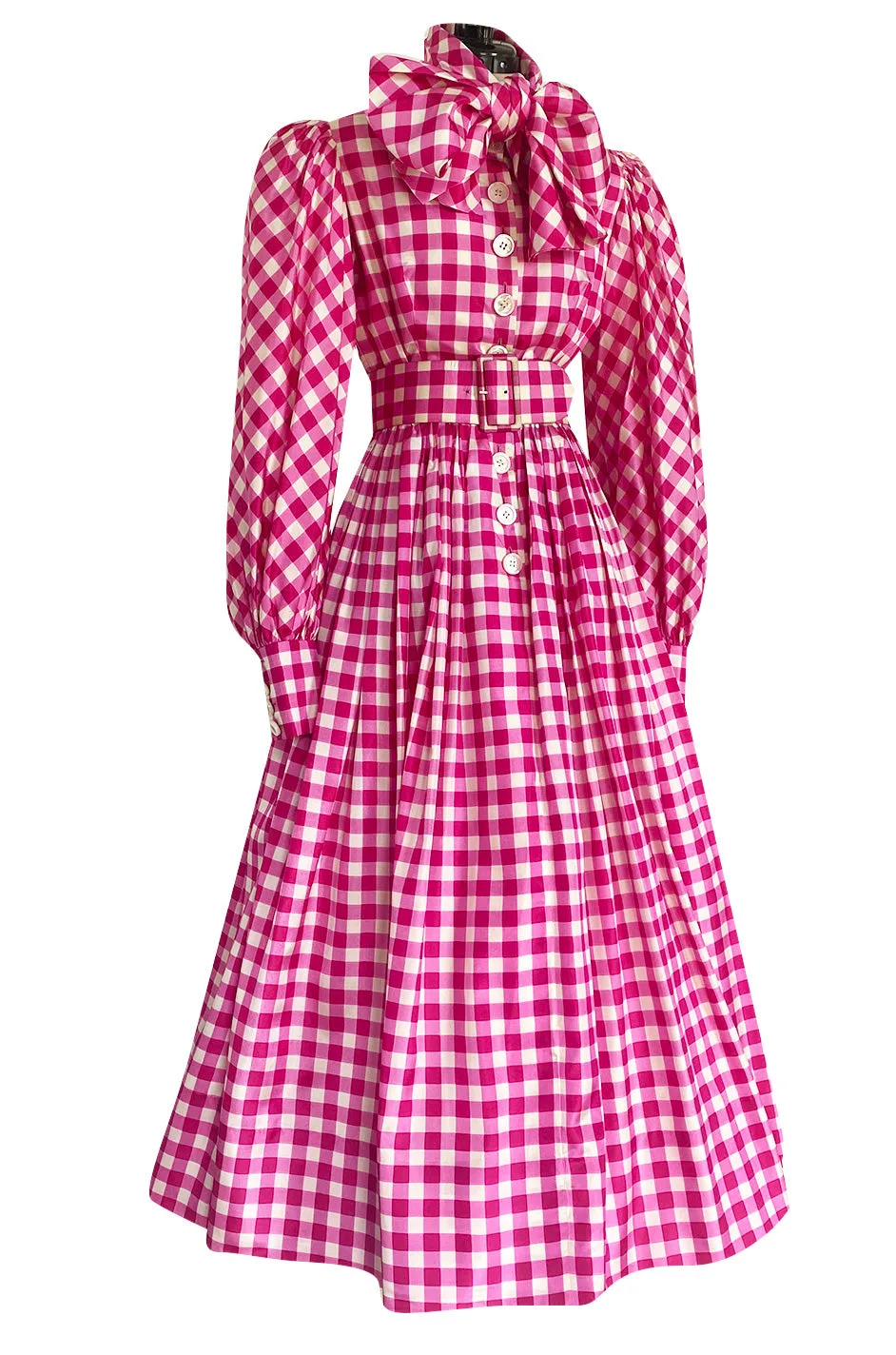 Spectacular Early 1960s Norman Norell Pink Gingham Silk Taffeta Dress w Bow & Pouf Sleeves