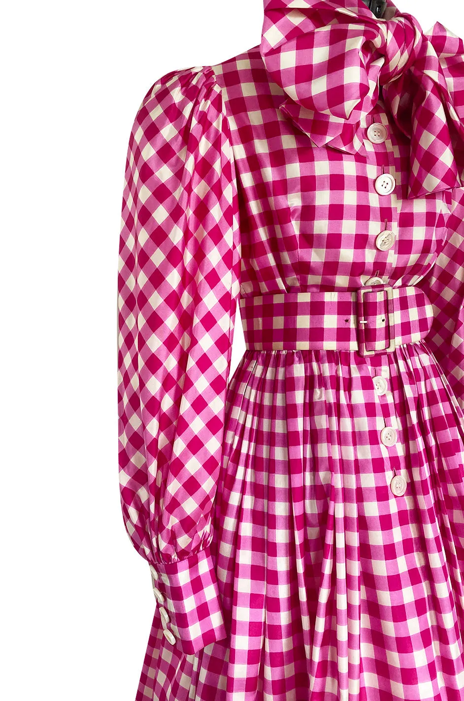 Spectacular Early 1960s Norman Norell Pink Gingham Silk Taffeta Dress w Bow & Pouf Sleeves