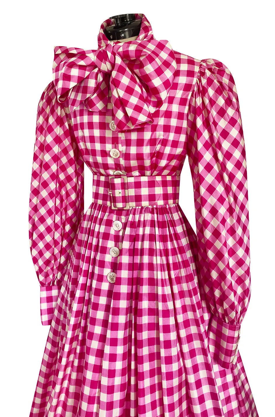 Spectacular Early 1960s Norman Norell Pink Gingham Silk Taffeta Dress w Bow & Pouf Sleeves