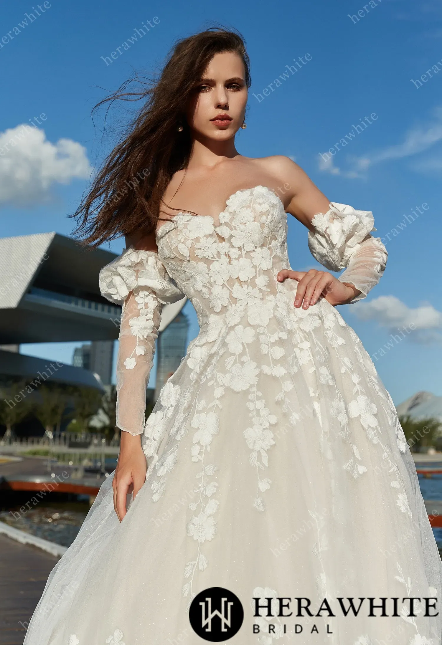 Strapless A-Line Floral Wedding Dress with Detachable sleeves