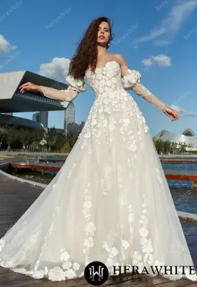 Strapless A-Line Floral Wedding Dress with Detachable sleeves