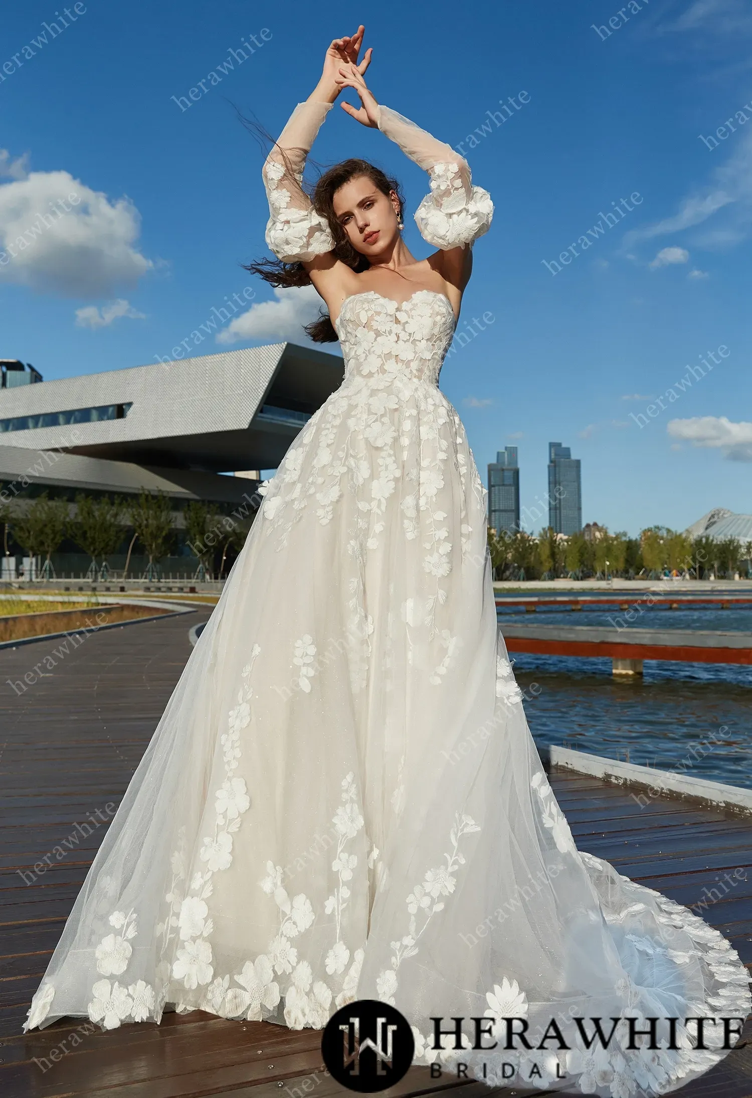 Strapless A-Line Floral Wedding Dress with Detachable sleeves