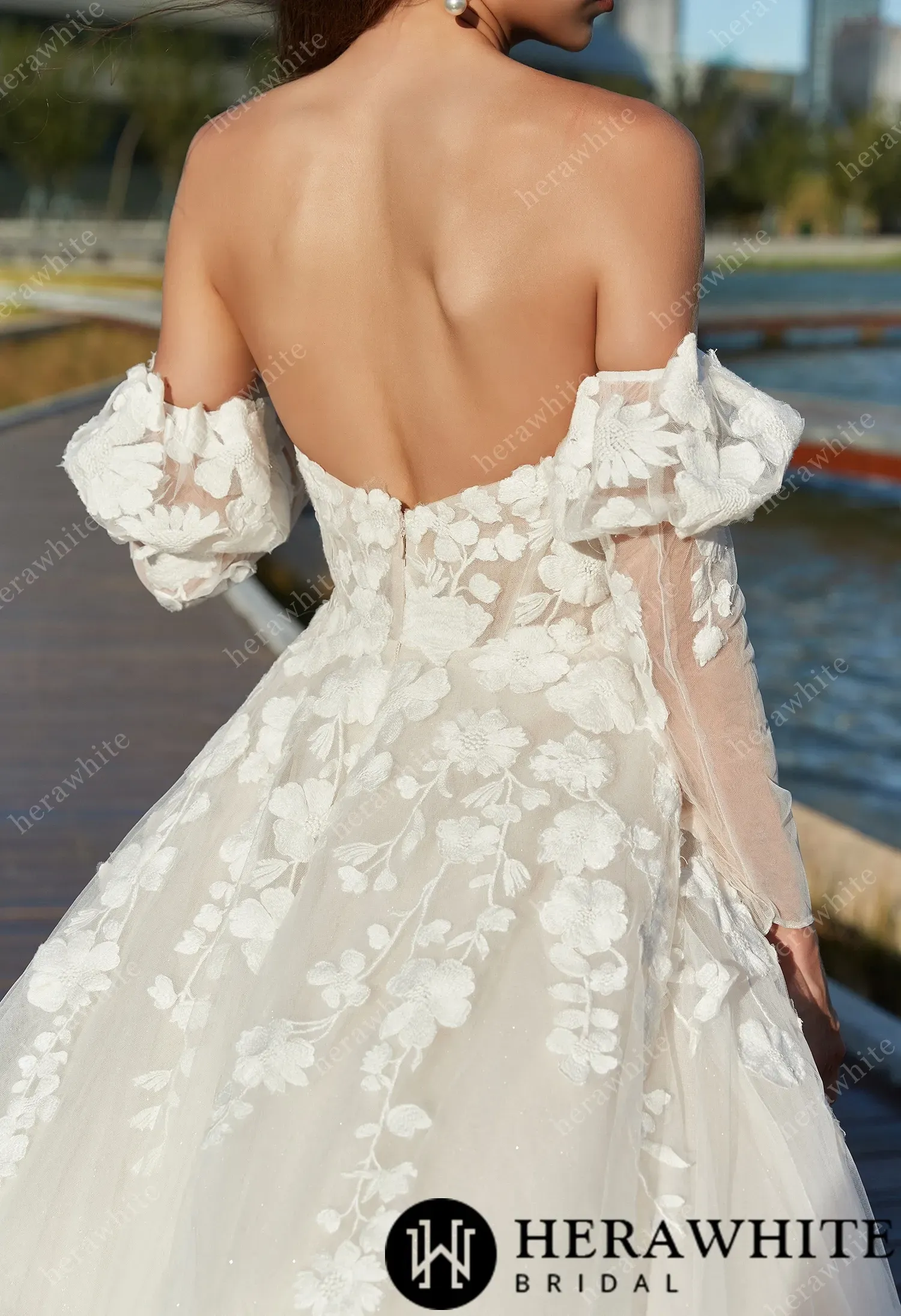 Strapless A-Line Floral Wedding Dress with Detachable sleeves
