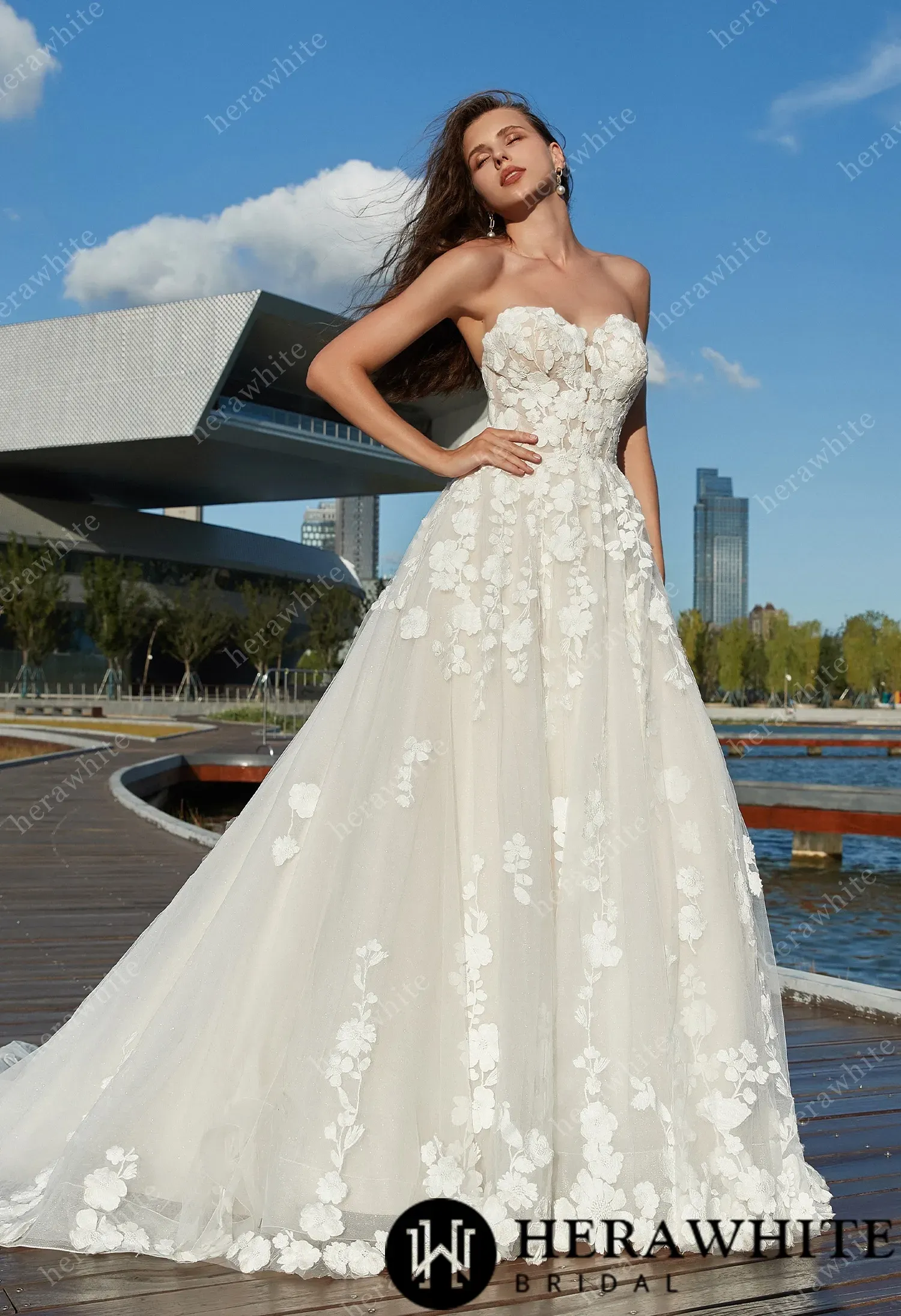 Strapless A-Line Floral Wedding Dress with Detachable sleeves