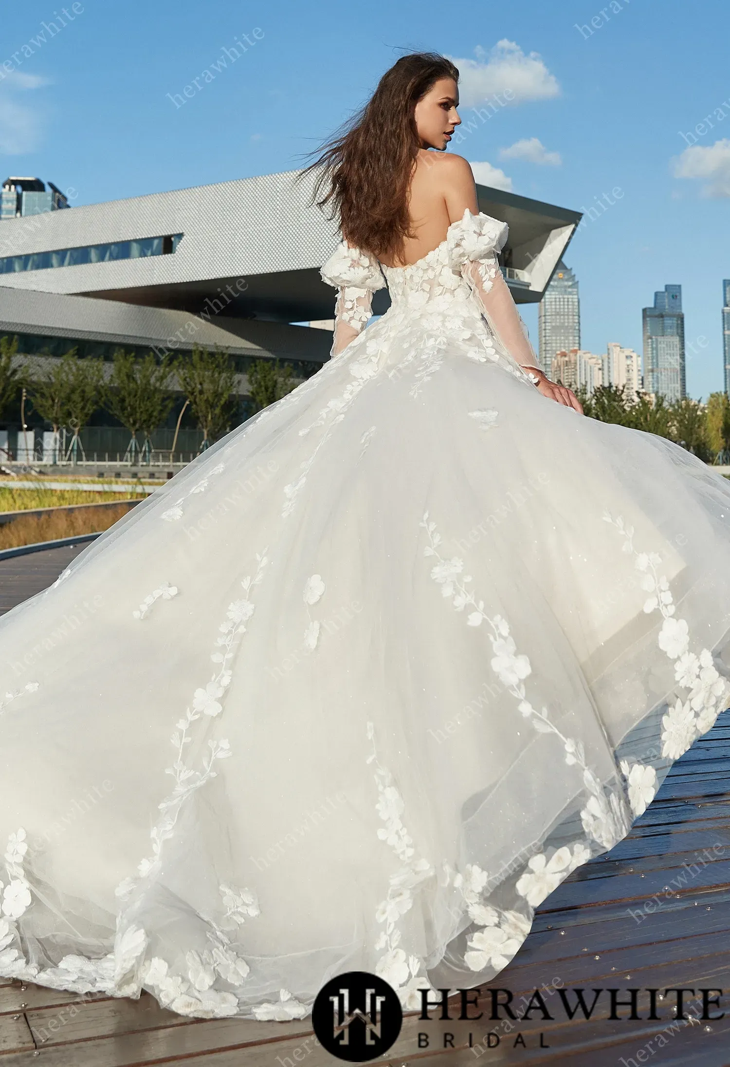 Strapless A-Line Floral Wedding Dress with Detachable sleeves