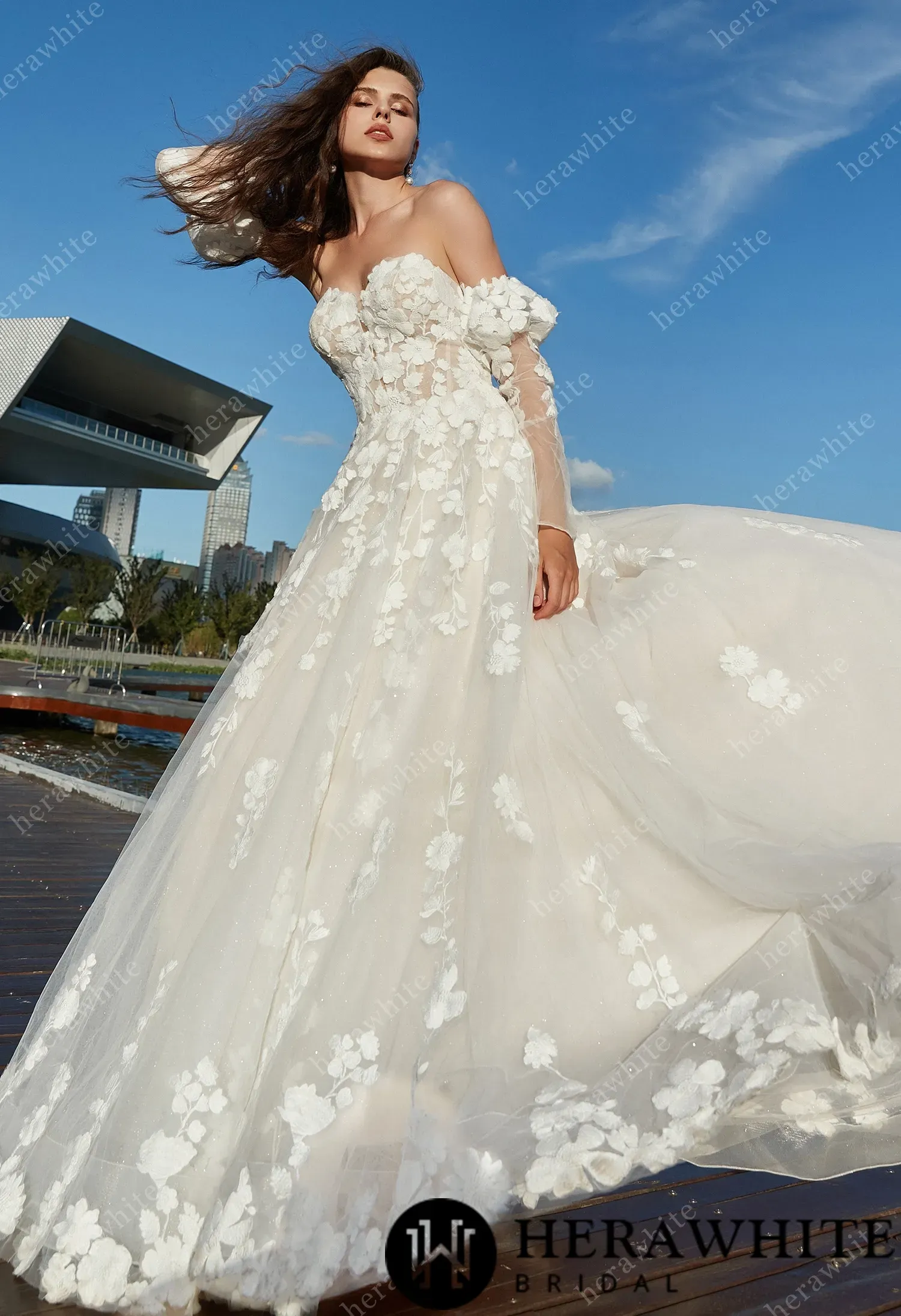 Strapless A-Line Floral Wedding Dress with Detachable sleeves